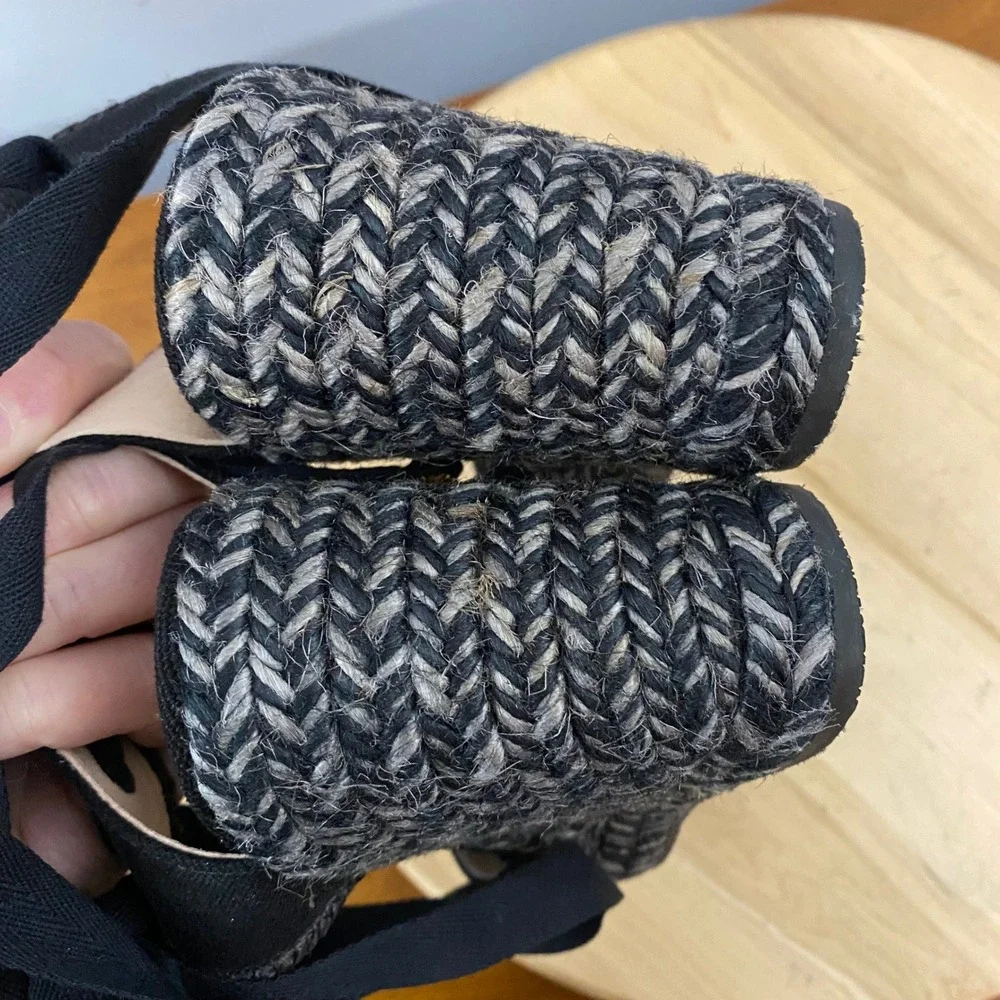 Stuart Weitzman Marguerita Espadrille Wedge Sandals Black Ankle Tie Wrap Sz 8.5C
